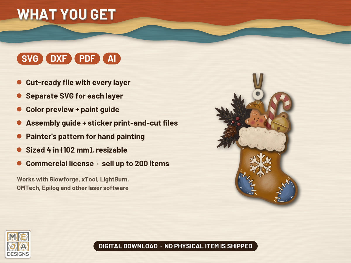Gingerbread Stocking Ornament laser cut file: what the download holds