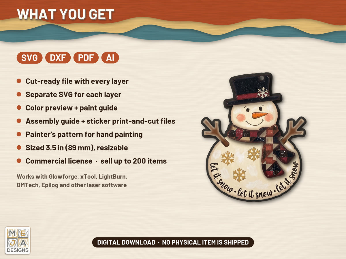 Buffalo Plaid Snowman Ornament laser cut file: what the download holds