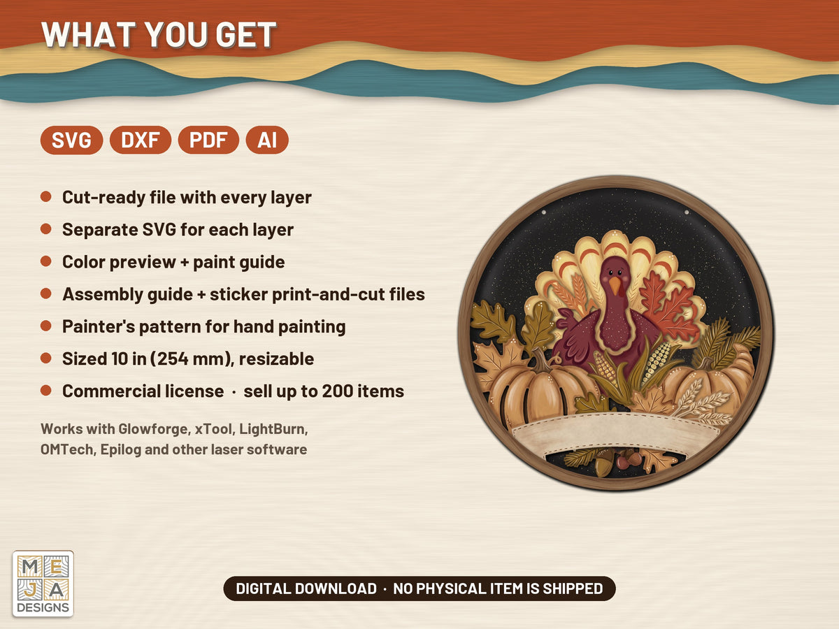 Turkey Pumpkin Patch Round Sign laser cut file: what the download holds