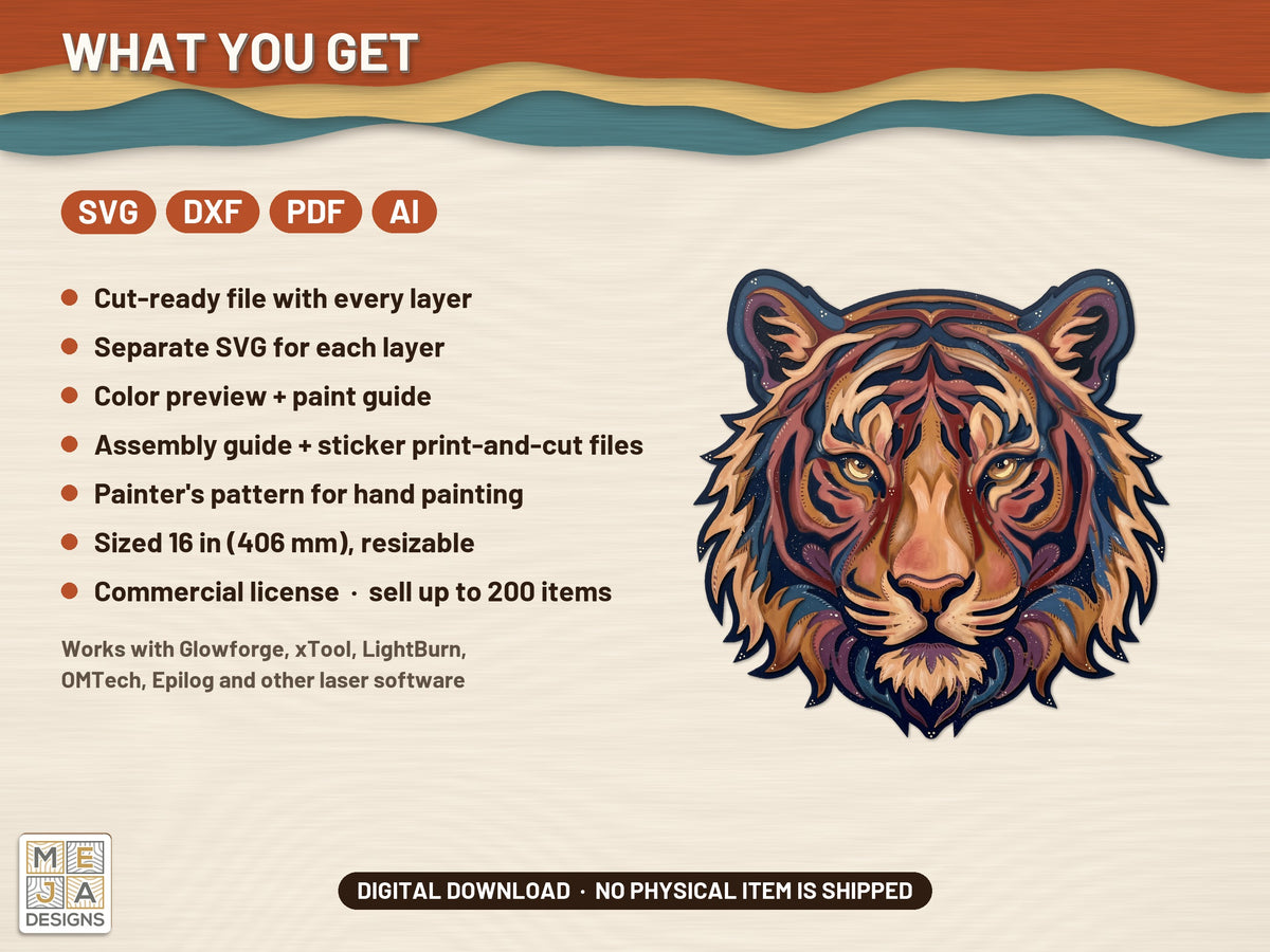 Swirl Tiger Head Sign laser cut file: what the download holds