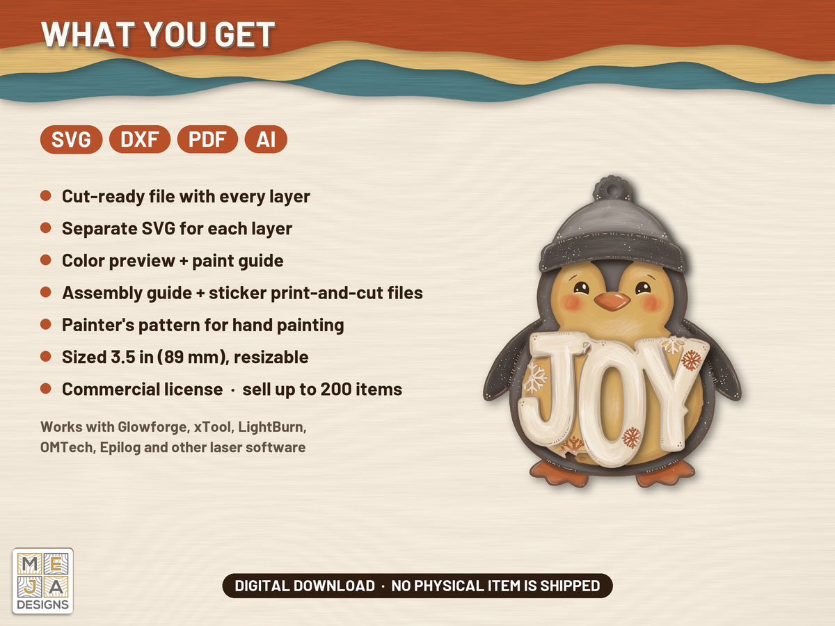 Rustic JOY Penguin Ornament laser cut file: what the download holds