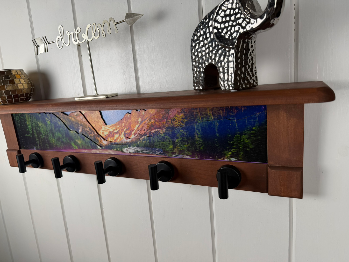 Rocky Mountains Dreamlake Sunset | Rustic Wall Coat Rack with Decorative Shelf | Entryway Organizer with Black Hooks | Handcrafted Wood Coat Hanger | Farmhouse Hallway Storage