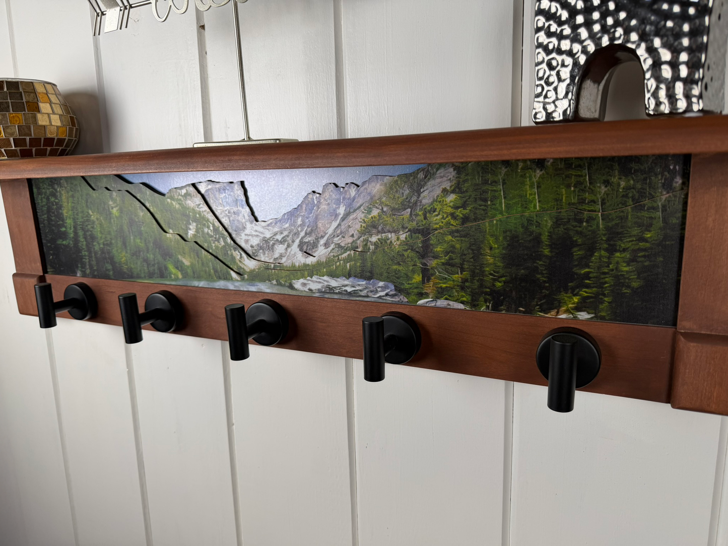 Rocky Mountains Summertime | Rustic Wall Coat Rack with Decorative Shelf | Entryway Organizer with Black Hooks | Handcrafted Wood Coat Hanger | Farmhouse Hallway Storage