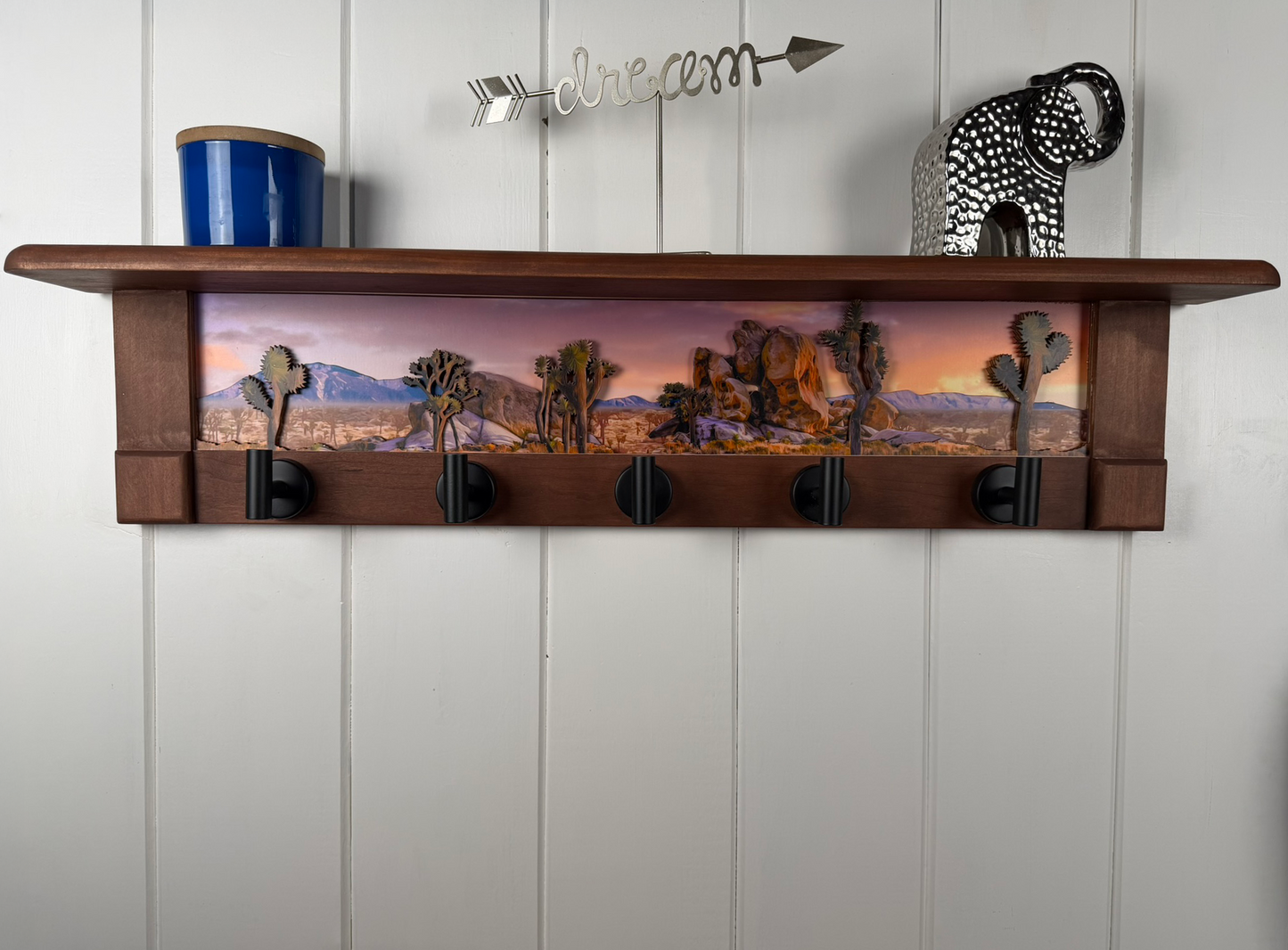 Joshua Tree Sunset | Rustic Wall Coat Rack with Decorative Shelf | Entryway Organizer with Black Hooks | Handcrafted Wood Coat Hanger | Farmhouse Hallway Storage