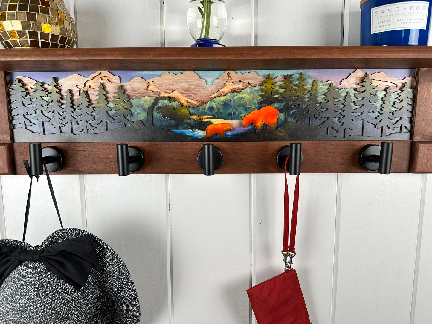 Morning Ember Bear | Rustic Wall Coat Rack with Decorative Shelf | Entryway Organizer with Black Hooks | Handcrafted Wood Coat Hanger | Farmhouse Hallway Storage