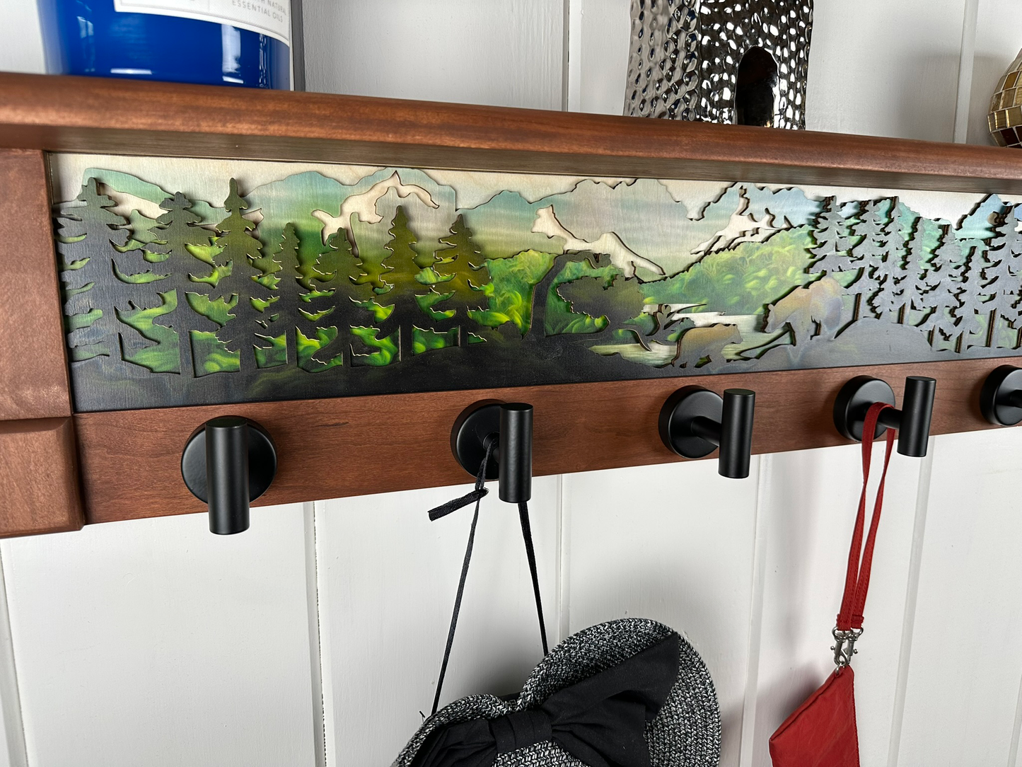 Late Spring Renewal Bear | Rustic Wall Coat Rack with Decorative Shelf | Entryway Organizer with Black Hooks | Handcrafted Wood Coat Hanger | Farmhouse Hallway Storage