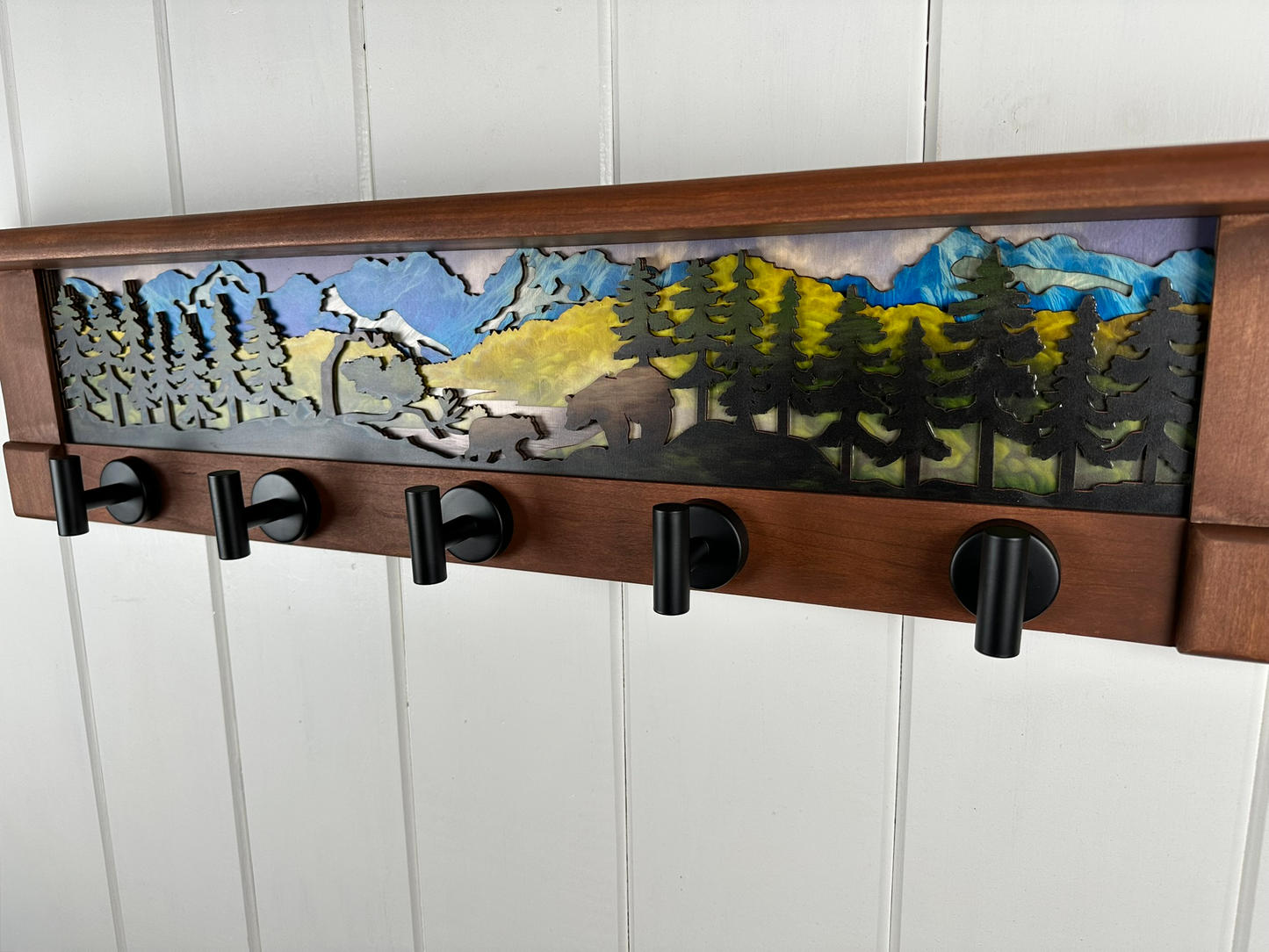 Late Summer Majesty Bear | Rustic Wall Coat Rack with Decorative Shelf | Entryway Organizer with Black Hooks | Handcrafted Wood Coat Hanger | Farmhouse Hallway Storage