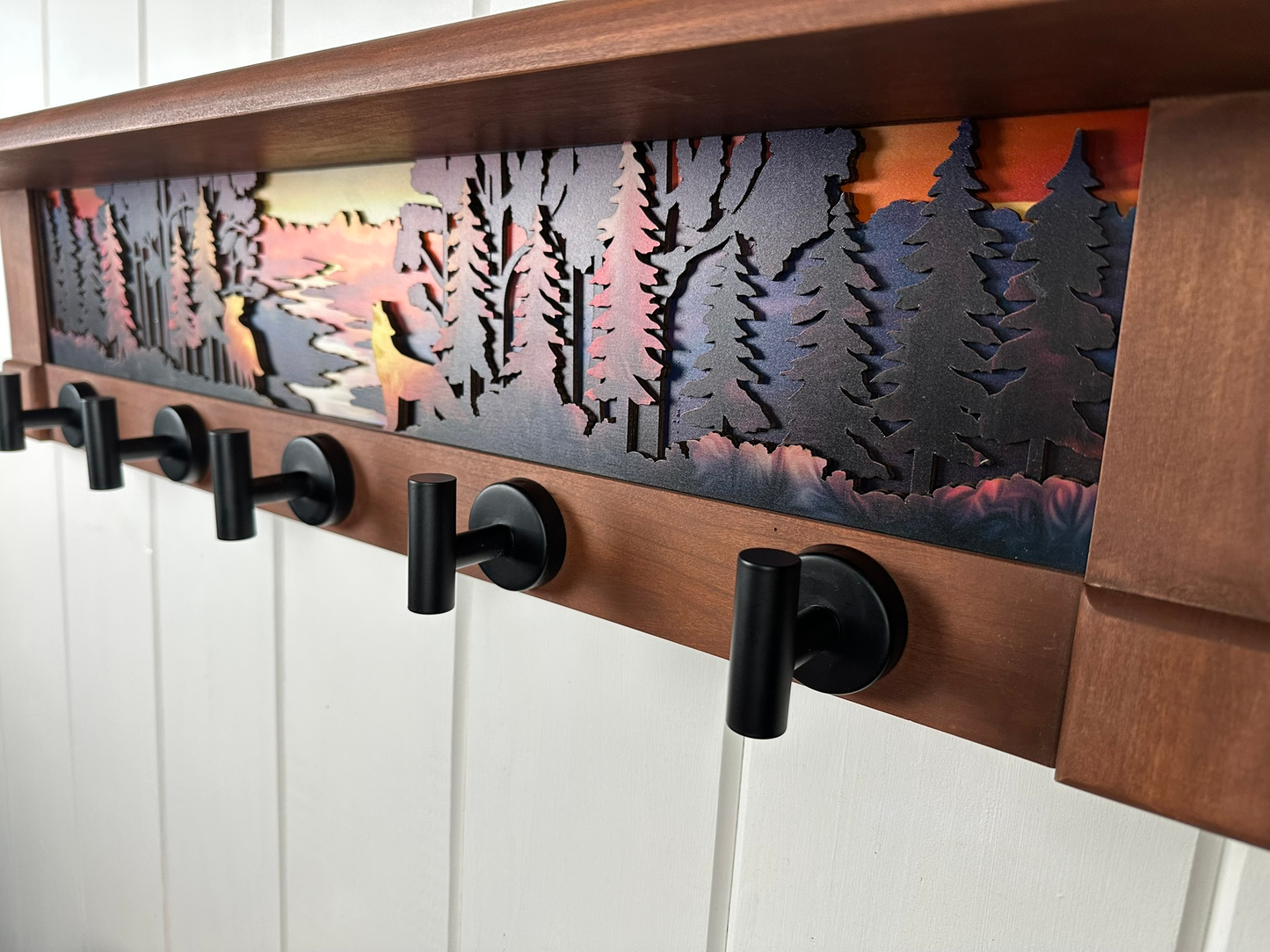 River Guardians Autumn Ember | Rustic Wall Coat Rack with Decorative Shelf | Entryway Organizer with Black Hooks | Handcrafted Wood Coat Hanger | Farmhouse Hallway Storage