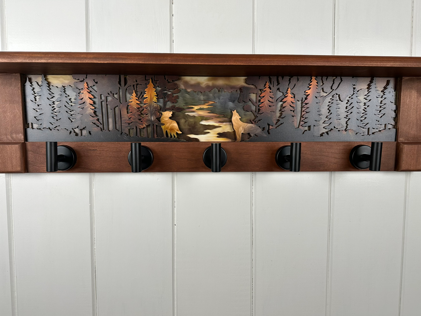 River Guardians Sunrise Sundown | Rustic Wall Coat Rack with Decorative Shelf | Entryway Organizer with Black Hooks | Handcrafted Wood Coat Hanger | Farmhouse Hallway Storage