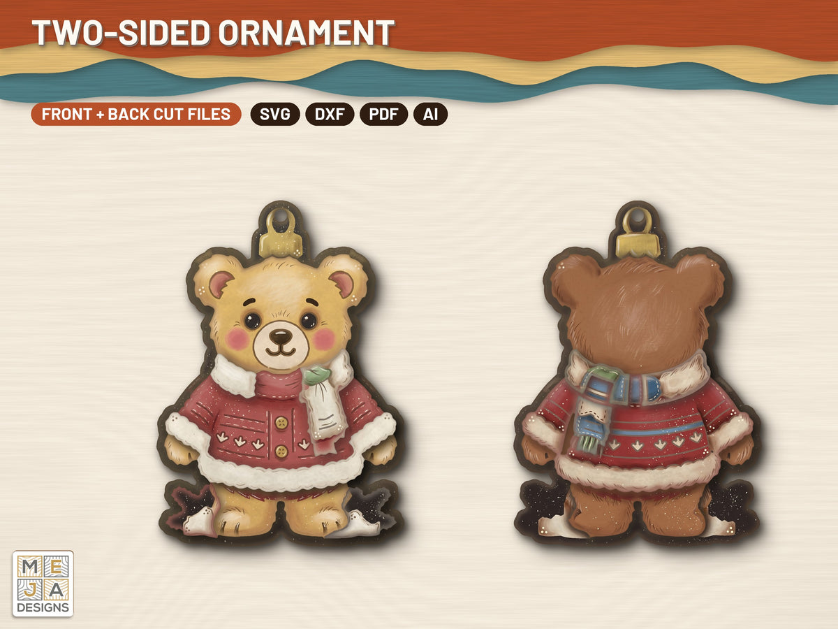 Two-Sided Teddy Bear Christmas Ornament laser cut file: every design of the bundle together