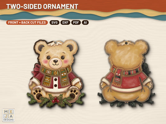 Two-Sided Christmas Teddy Bear Ornament laser cut file: every design of the bundle together