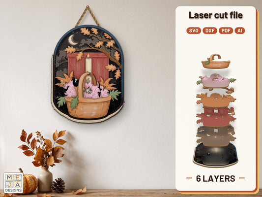 Autumn Flower Basket Sign laser cut file: the finished layered piece, hand painted