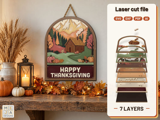 Thanksgiving Mountain Cabin laser cut file: the finished layered piece, hand painted