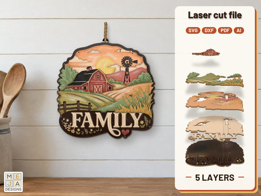 Rustic Family Farm Sign laser cut file: the finished layered piece, hand painted