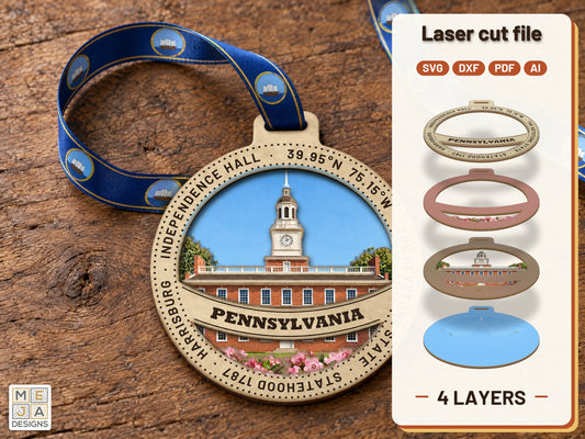 Pennsylvania State Ornament laser cut file: the finished layered piece, hand painted