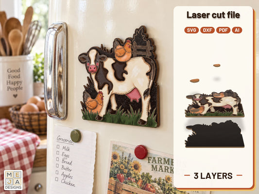 Cow and Chickens Pasture Magnet laser cut file: the finished layered piece, hand painted