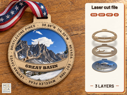 Great Basin National Park Ornament laser cut file: the finished layered piece, hand painted