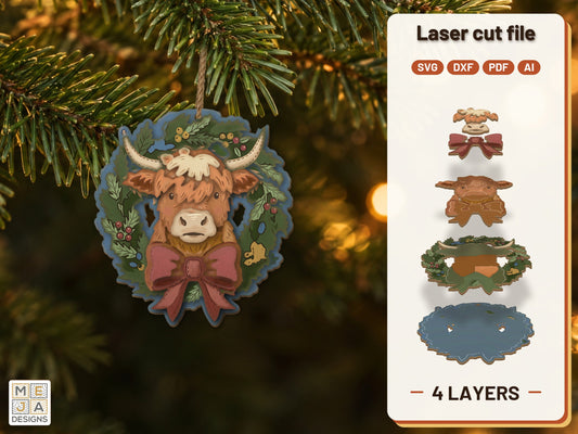 Highland Cow Wreath Ornament laser cut file: the finished layered piece, hand painted