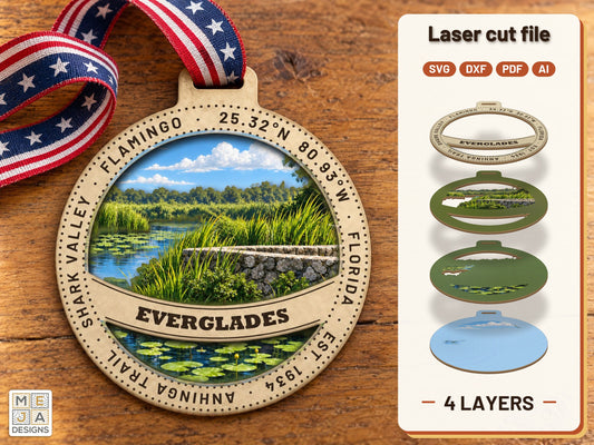Everglades National Park Ornament laser cut file: the finished layered piece, hand painted
