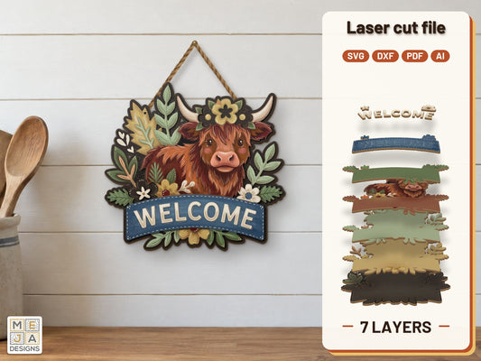 Autumn Highland Cow Welcome Sign laser cut file: the finished layered piece, hand painted