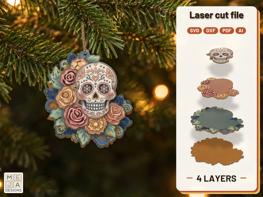 Sugar Skull Floral Magnet laser cut file: the finished layered piece, hand painted