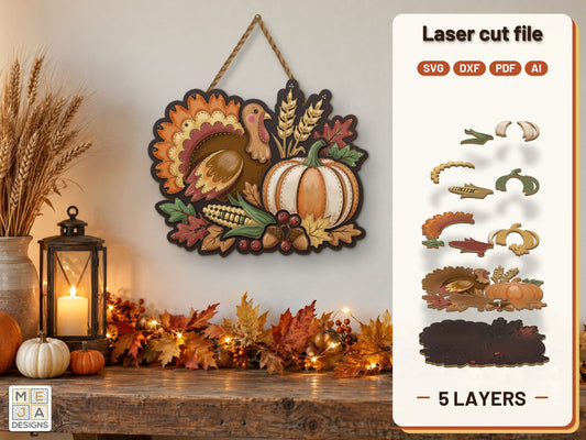 Turkey Wheat and Pumpkin Sign laser cut file: the finished layered piece, hand painted