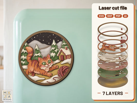 Pouncing Kitten Winter Magnet laser cut file: the finished layered piece, hand painted
