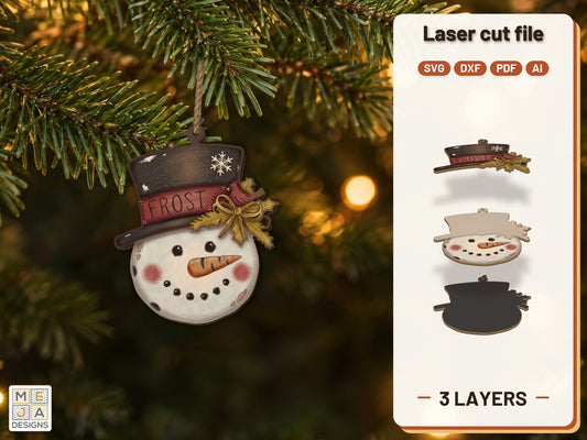 Frosty Snowman Ornament laser cut file: the finished layered piece, hand painted