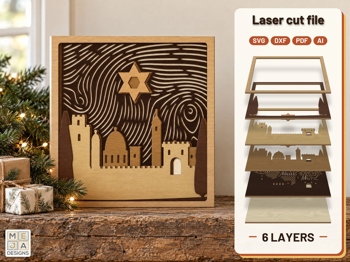 Star of David over Jerusalem Layered Scene laser cut file: the finished layered piece, hand painted