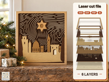 Star of David over Jerusalem Layered Scene laser cut file: the finished layered piece, hand painted