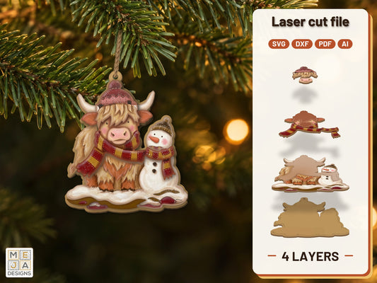 Highland Cow Snowman Ornament laser cut file: the finished layered piece, hand painted