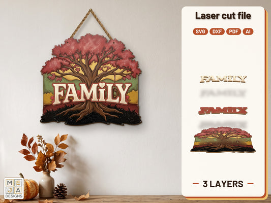 Rustic Family Tree Sign laser cut file: the finished layered piece, hand painted