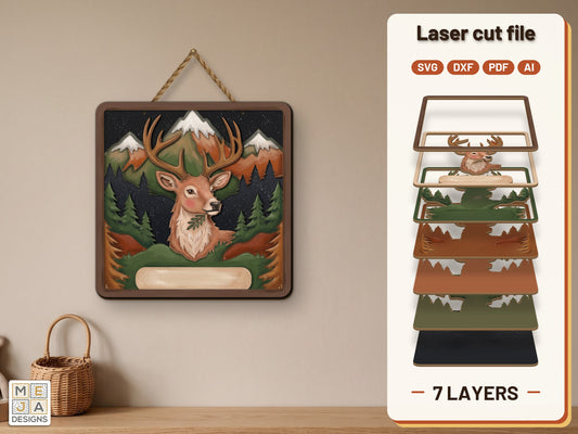 Woodland Deer Friend Hello Sign laser cut file: the finished layered piece, hand painted