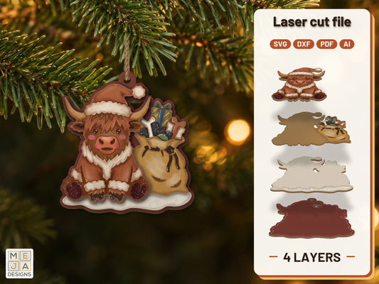 Santa Highland Cow Ornament laser cut file: the finished layered piece, hand painted