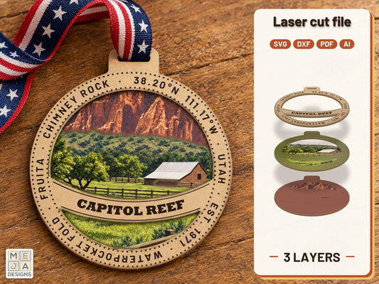 Capitol Reef National Park Ornament laser cut file: the finished layered piece, hand painted