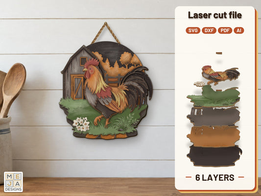 Rooster in the Barnyard laser cut file: the finished layered piece, hand painted