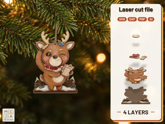 Juniper Reindeer Ornament laser cut file: the finished layered piece, hand painted
