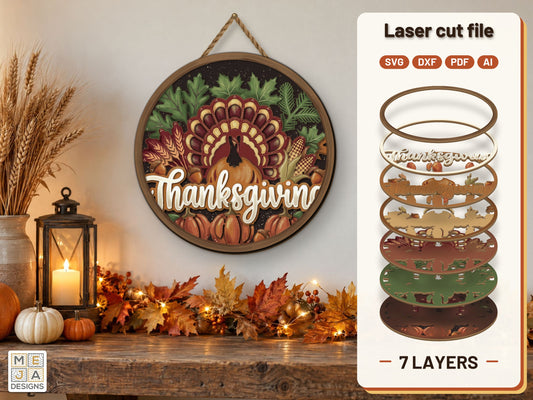 Thanksgiving Turkey Sign laser cut file: the finished layered piece, hand painted