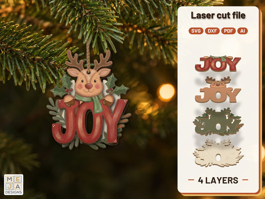 Reindeer JOY Ornament laser cut file: the finished layered piece, hand painted