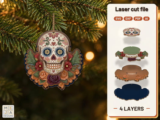 Sugar Skull Floral Magnet laser cut file: the finished layered piece, hand painted