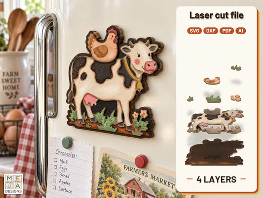 Cow and Hen Magnet laser cut file: the finished layered piece, hand painted