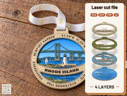Rhode Island State Ornament laser cut file: the finished layered piece, hand painted