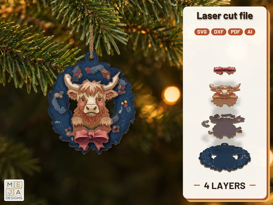 Highland Cow Wreath Ornament laser cut file: the finished layered piece, hand painted