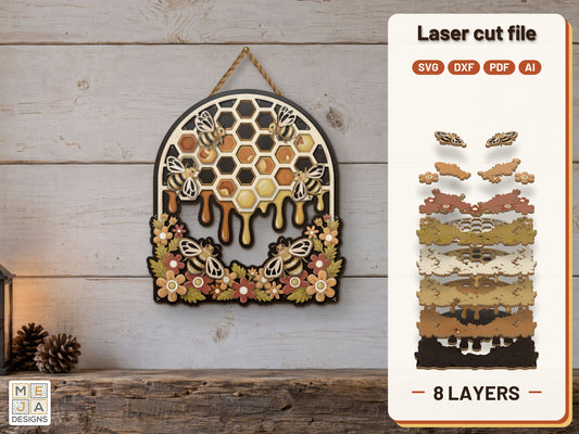 Honeycomb Bees Wall Hanger laser cut file: the finished layered piece, hand painted