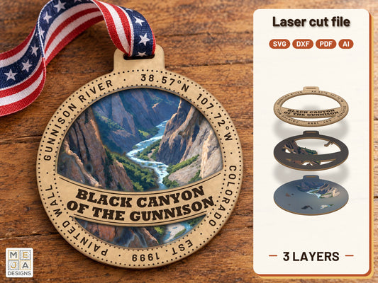Black Canyon of the Gunnison National Park Ornament laser cut file: the finished layered piece, hand painted