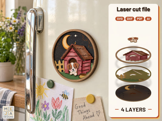 Puppy Doghouse Night Magnet laser cut file: the finished layered piece, hand painted