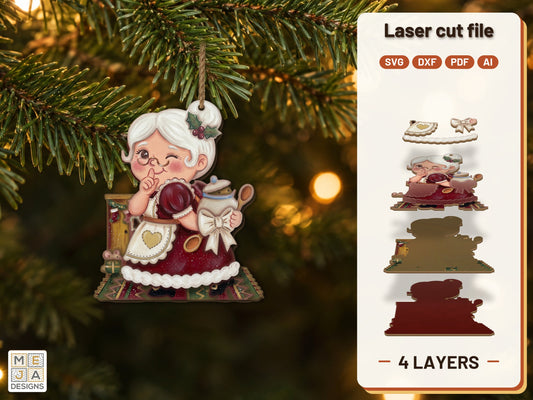 Mrs. Claus Cookie Thief laser cut file: the finished layered piece, hand painted