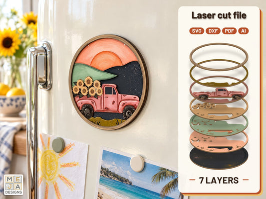 Sunflower Farm Truck Magnet laser cut file: the finished layered piece, hand painted