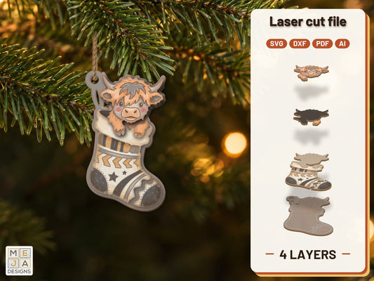 Highland Calf Stocking Ornament laser cut file: the finished layered piece, hand painted