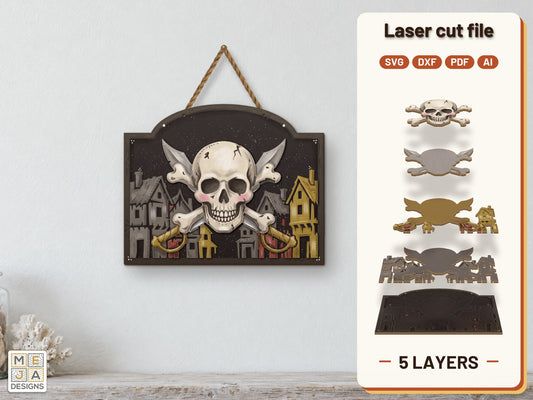 Pirate Port Skull Sign laser cut file: the finished layered piece, hand painted